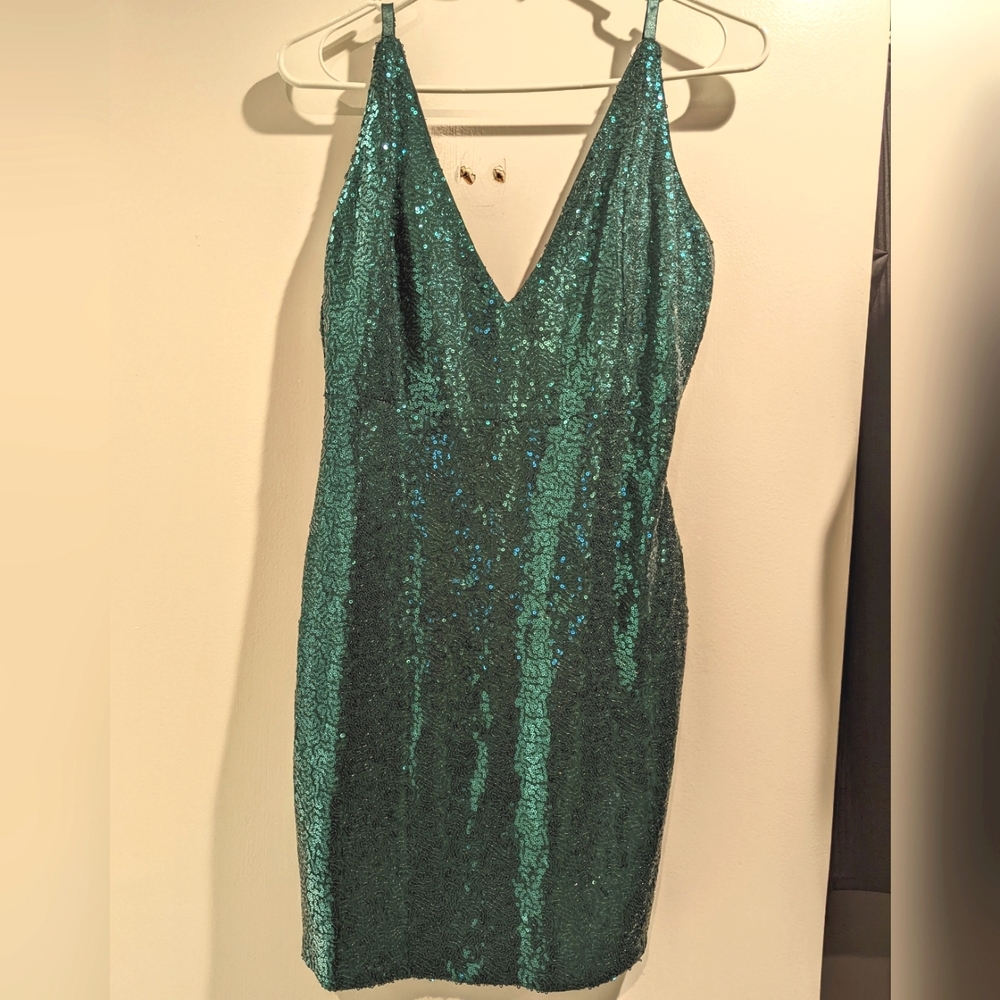 Vibrant and sexy sequined teal green mini dress - Size M